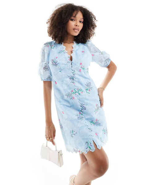 Y.A.S embroidered organza button through mini dress in blue