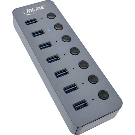InLine USB 3.2 Gen.1 hub - 7-port - with switch - aluminium - grey - with PSU