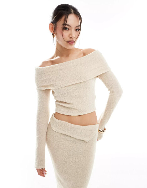 Simmi fluffy knit bardot jumper co-ord in beige