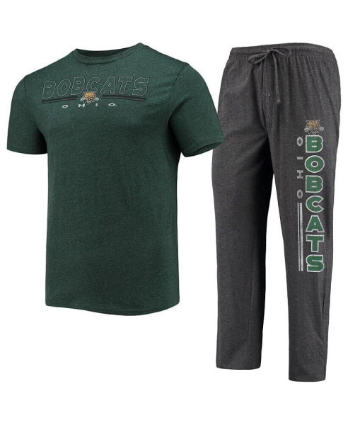 Men's Heathered Charcoal, Green Distressed Ohio Bobcats Meter T-shirt and Pants Sleep Set