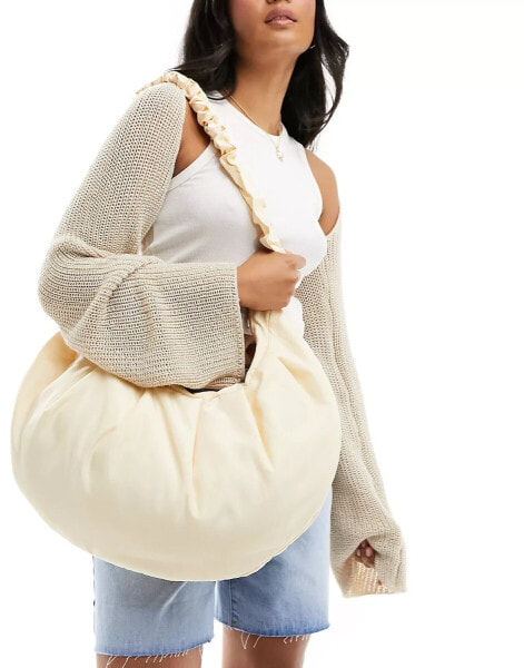 Glamorous ruched nylon oversized shoulder bag in off white