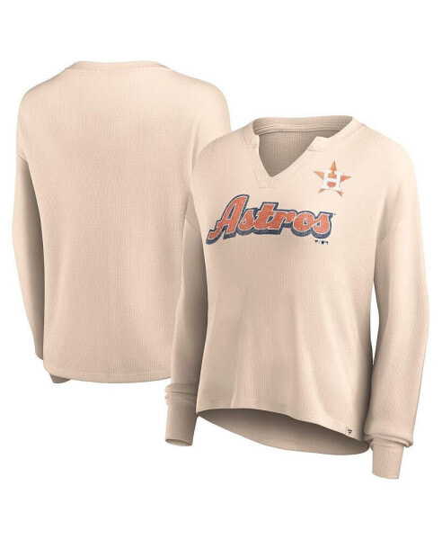 Women's Cream Distressed Houston Astros Go For It Waffle Knit Long Sleeve Notch Neck T-shirt