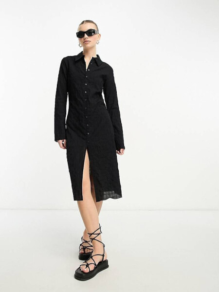 Weekday Smock crinkle shirt midi dress in black