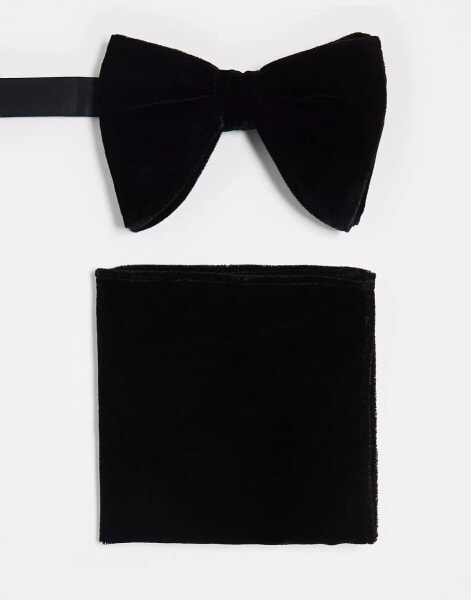 Twisted Tailor velvet bow tie and pocket square in black