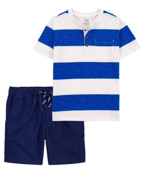 Kid 2-Piece Striped Jersey Henley & Pull-On Shorts Set 12
