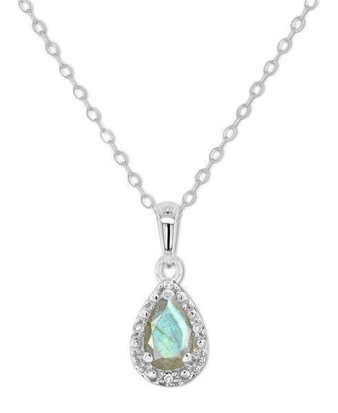 Labradorite & Diamond Accent Pear 18" Pendant Necklace in Sterling Silver (Also in Onyx, & Turquoise)