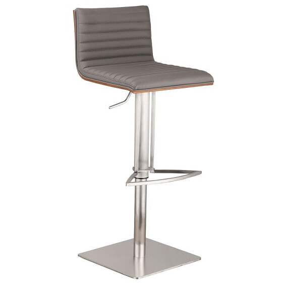 Café Adjustable Height Swivel Gray Artificial leather and Walnut Wood Bar Stool with Brushed Stainless Steel Base