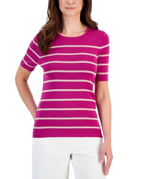 Women's Striped Round-Neck Short-Sleeve Sweater Top