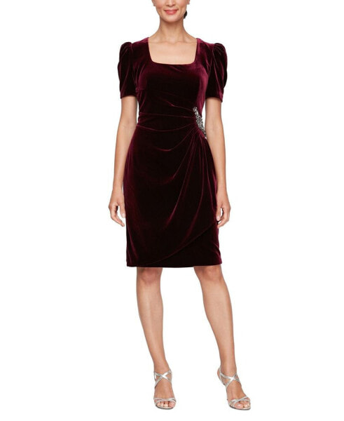 Women's Velvet Puff-Sleeve Beaded Dress