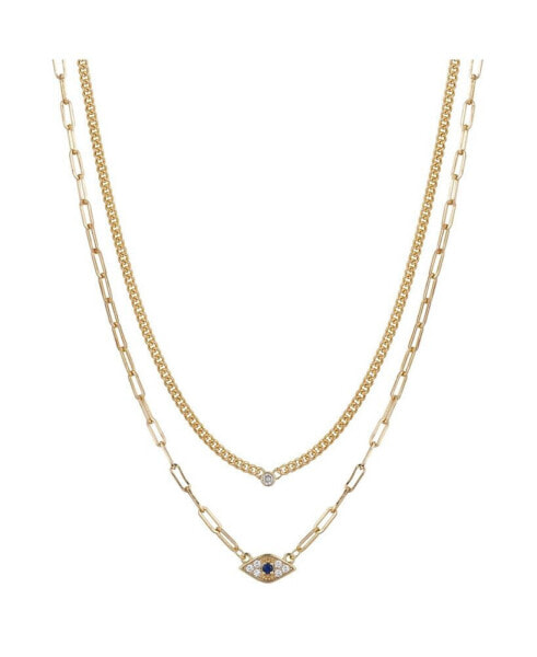 Gold Flash Plated Cubic Zirconia Evil Eye Layered Necklace, 16+2" Extender
