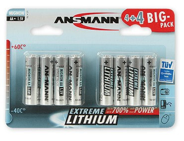 Одноразовая батарейка АА ANSMANN® 4+4 Lithium - 1.5 V - 8 шт - серебристая