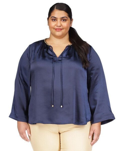 Plus Size Chain-Neck Bell-Sleeve Satin Top
