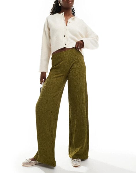 Bershka textured wide leg trousers in khaki