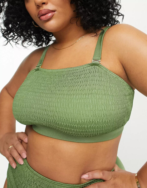 South Beach Curve Exclusive crinkle crop bikini top in khaki