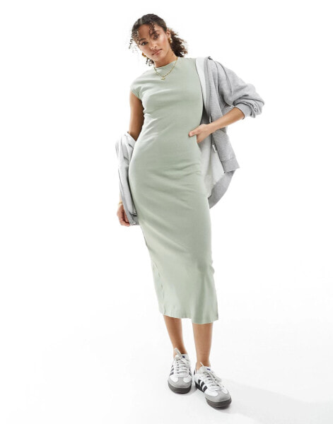 Stradivarius t-shirt midi dress in khaki