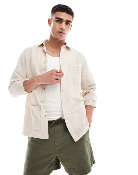 ASOS DESIGN linen blend overshirt in stone