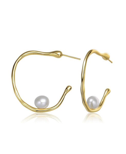 Sterling Silver 14K Gold Plated with Genuine Freshwater Pearl Hoop Earrings