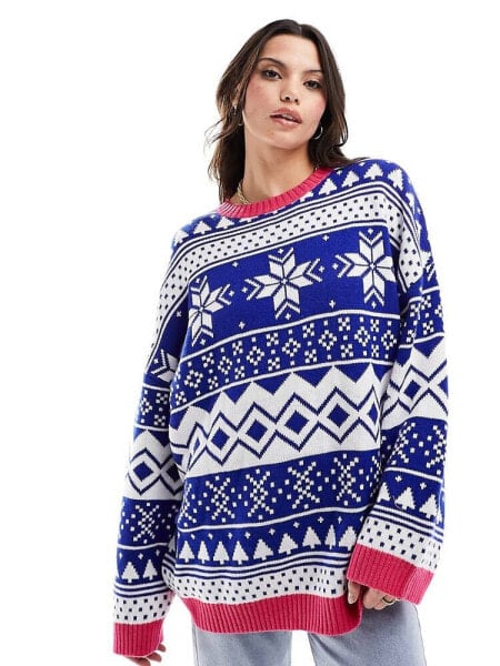 ASOS DESIGN oversized Christmas jumper in fairisle pattern with contrast trim in blue