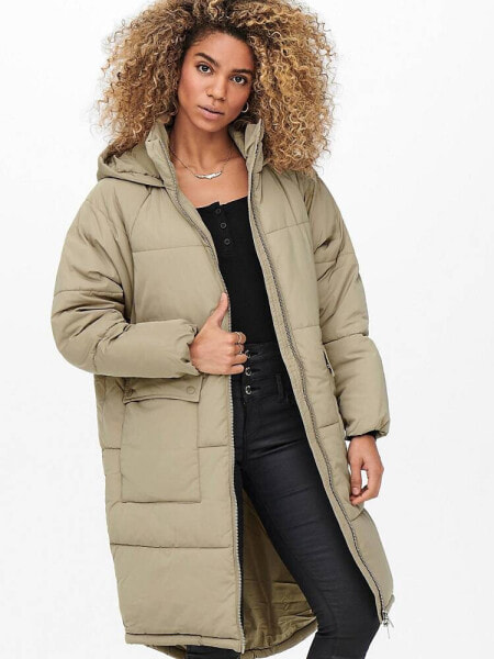 Only padded puffer coat with hood in taupe