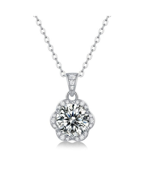 Sterling Silver White Gold Plated with 2ctw Lab Created Moissanite Cluster Lace Halo Flower Pendant Necklace