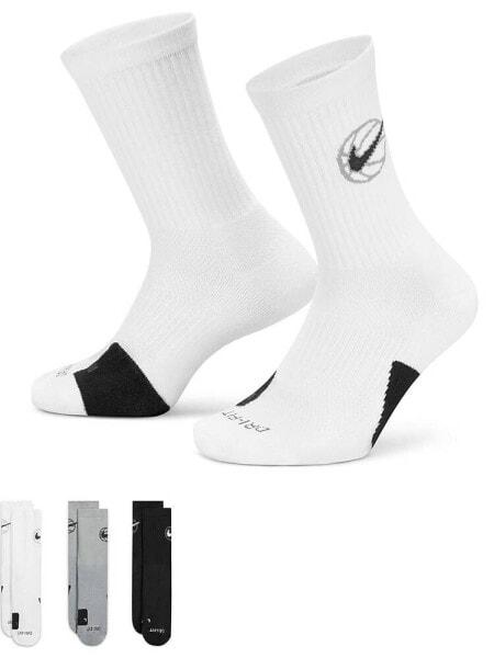 Nike Basketball Everyday unisex 3 pack of socks in white, grey and black
