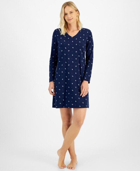 Women's Leaf-Print Long-Sleeve Sleep Shirt, Created for Macy's