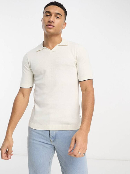 Only & Sons knitted polo with revere collar in white 