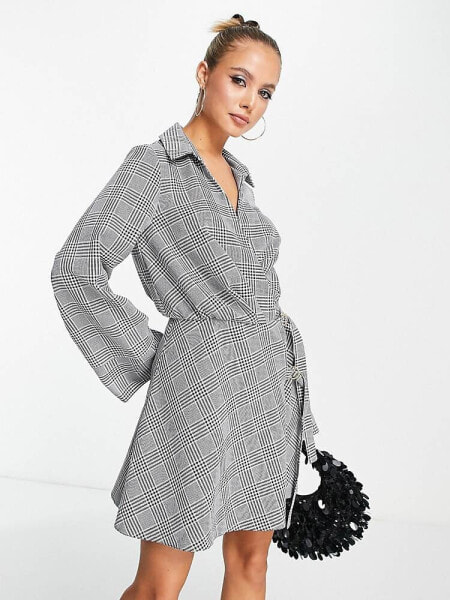 ASOS DESIGN collared wrap mini dress with D-ring tie detail in mono check