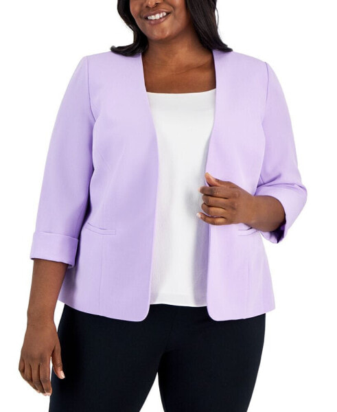 Plus Size Stretch-Crepe 3/4-Sleeve Open-Front Jacket