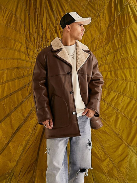 ASOS DESIGN borg dell boy jacket in brown with contrast collar