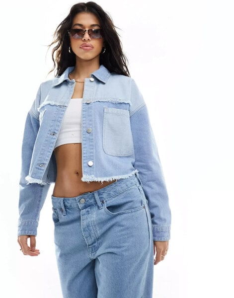 In The Style frayed seam pocket detail denim jacket in light blue