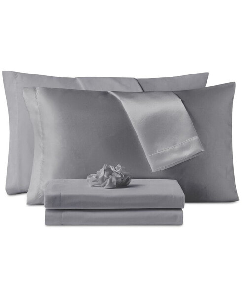 Microfiber 7-Pc. Sheet Set with Satin Pillowcases and Satin Hair-Tie, Queen