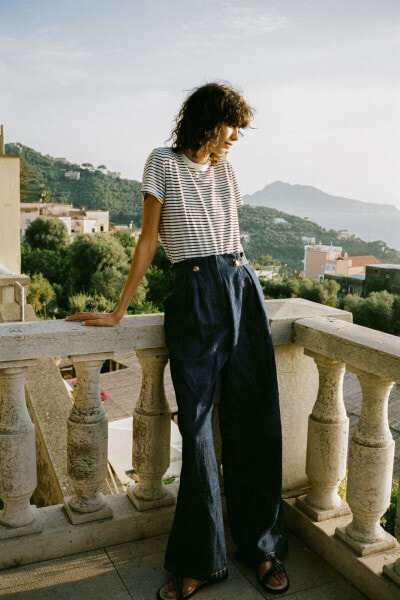 Wide-leg linen-blend denim-effect trousers