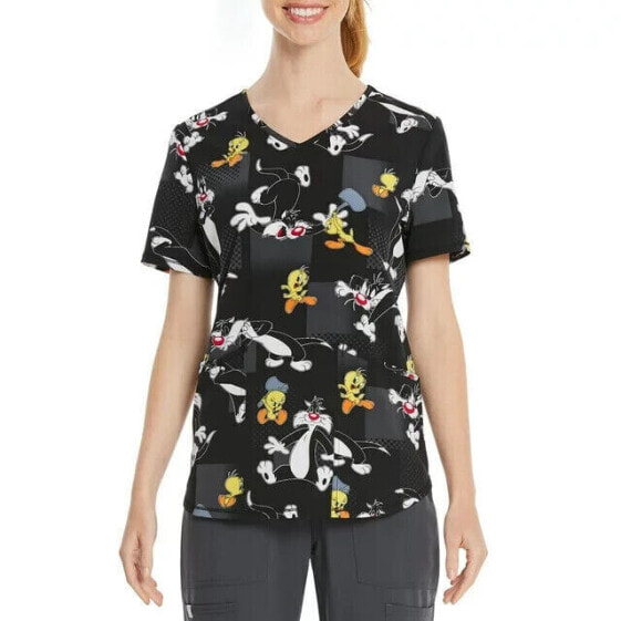 Looney Tunes Fren-emies Print Scrub Top Women's XS Black V-neck Shortsleeve