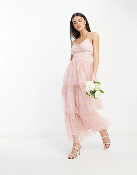 Vila Bridesmaid tulle dobby maxi dress with tiered skirt in pink