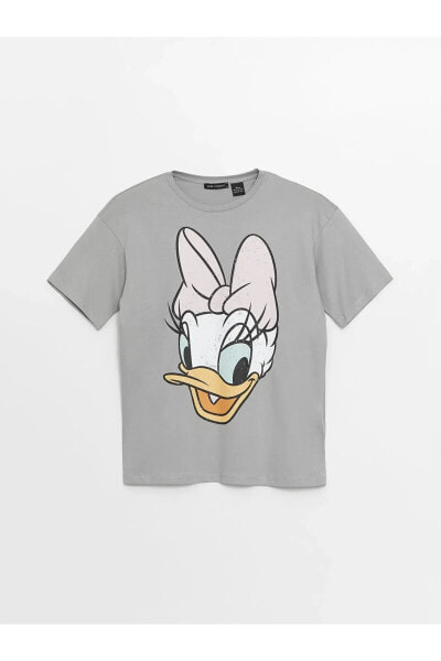 LCW Modest Bisiklet Yaka Daisy Duck Baskılı Kısa Kollu Oversize Kadın Tişört