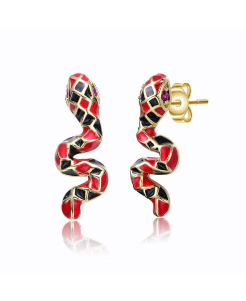 14k Yellow Gold Plated with Ruby Cubic Zirconia Black & Red Enamel 3D Slithering Curling Snake Earrings