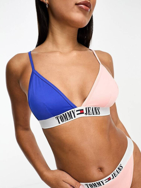 Tommy Jeans archive colourblock triangle bikini top in ultra blue and pink