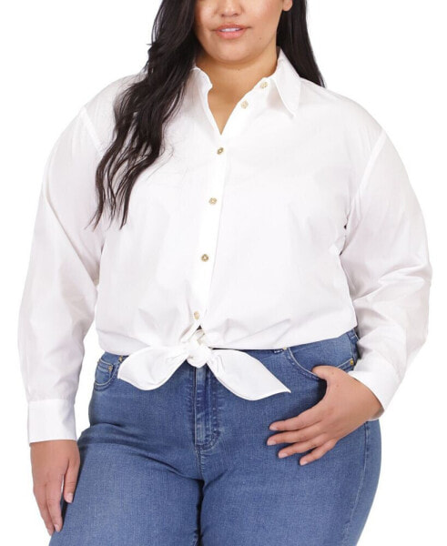 Plus Size Tie-Waist Cotton Button-Up Shirt
