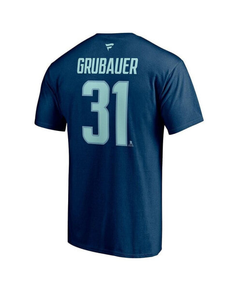 Men's Philipp Grubauer Deep Sea Blue Seattle Kraken Authentic Stack Name and Number T-shirt