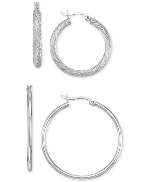 2-Pc. Set Textured and Polished Hoop Earrings in 14k Gold Over Sterling Silver and Sterling Silver