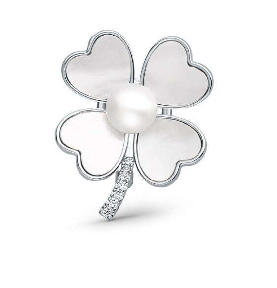 Pearl brooch four-leaf clover 2in1 with crystals and mother-of-pearl JL0840