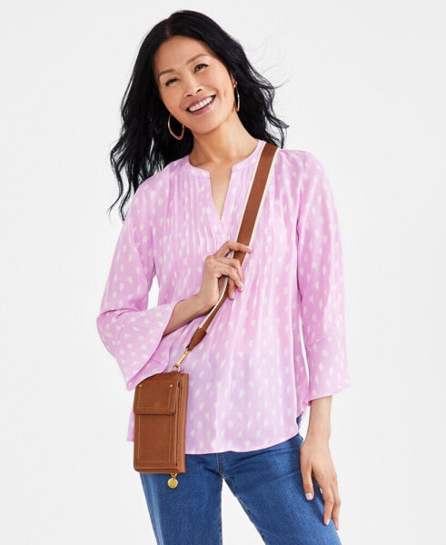 Petite Printed 3/4-Sleeve Pintuck Top, Created for Macy's