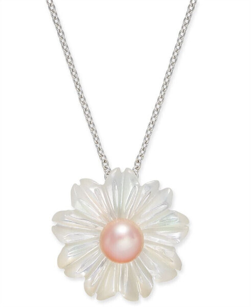 Macy's pink Cultured Button Freshwater Pearl (6 mm) & Mother-of-Pearl (19-1/2 mm) 18" Pendant Necklace in Sterling Silver