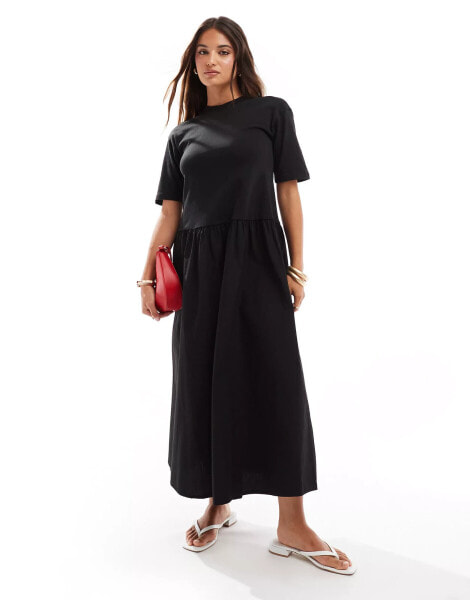 ASOS DESIGN t shirt maxi dress with poplin skirt in black