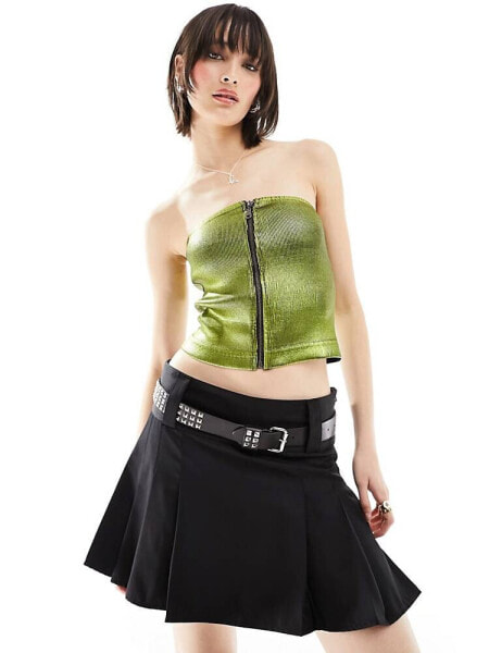 Basic Pleasure Mode metallic foil zip through bandeau top in acid green