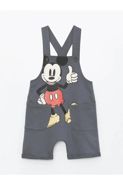 Kare Yaka Askılı Mickey Mouse Baskılı Erkek Bebek Salopet