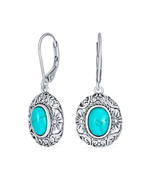 Floral Scroll Milgrain Blue Natural Turquoise Dome Oval Dangle Drops Earrings For Women Lever Back Oxidized Sterling Silver