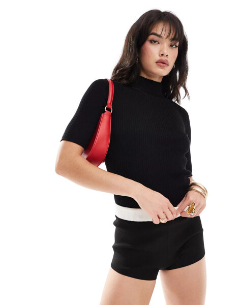 Pimkie ribbed high neck short sleeve t-shirt in black