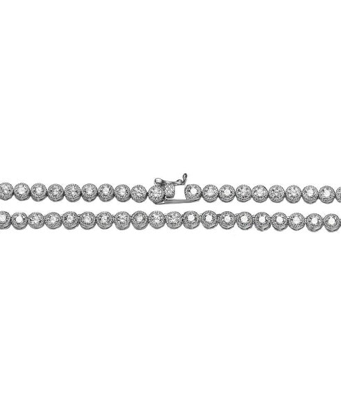 Sterling Silver with White Gold Plated Clear Round Cubic Zirconia Milgrain Bezel Tennis Necklace